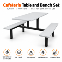 Ensemble table et banc de cantine intégrés contemporains 4 places, structure en métal noir thermolaqué, mobilier de salle à manger scolaire