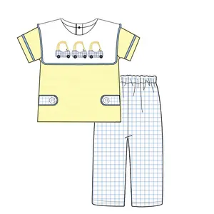 Little Boys Cute Coupe Cars Smocked Clothes Toddler Boy Spring Personalized Applique Plaid Pants Set