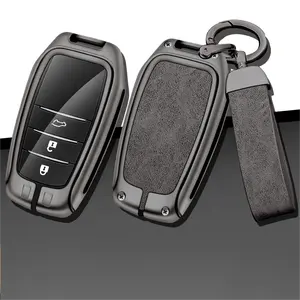 Aluminum zinc alloy cover+leather car brand logo key chain car remote fob key case fit for Toyota Highlander RAV4