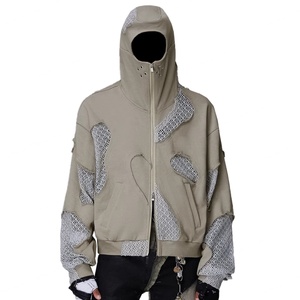 Veste unisexe pour homme en molleton 100% coton, coupe ample, avec fermeture éclair personnalisée, effet vieilli, bords bruts et patchwork en tissu mesh - Product Image 1