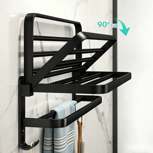 No-Drill <strong>Black</strong> Foldable Bathroom Towel <strong>Rack</strong> Wall Mounted Storage Shelf for Toilet <strong>Bath</strong> Towel <strong>Rack</strong> - Product Image 2
