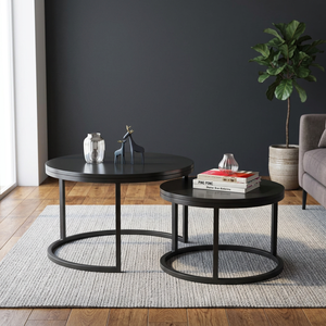 Handmade <b>Round</b> Nesting Coffee <b>Table</b> Set of 2 <b>Black</b> Metal Modern Living Room Accent <b>Tables</b> Space Saving <b>Side</b> <b>Tables</b> Contemporary - Product Image 6