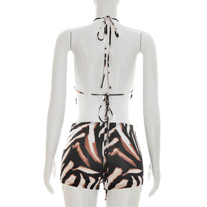 J26ST166 Ensemble court sexy pour femme, style européen et américain, printemps/été, col licou, <span class=keywords><strong>dos</strong></span> <span class=keywords><strong>nu</strong></span>, imprimé, orné de coquillages, longueur au-dessus du genou, pour club - Product Image 6