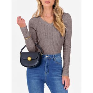 Womens Long Sleeve V Neck Ribbed Knit Sweater Slim Fit Lightweight Autumn Casual <b>Top</b> - Product Image 3