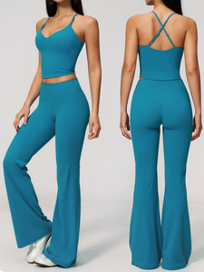 Set Yoga TZ9616 in Spandex Crema Spazzolato con Top Corto Imbottito a Spalline Sottili e Leggings a Vita Alta a Zampa per Sport - Product Image 4