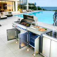Cuisine extérieure modulaire industrielle Hongsi, armoires en acier inoxydable, barbecue intégré, réfrigération, écologique, ignifuge