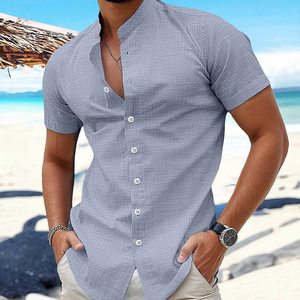 <span class=keywords><strong>Camicia</strong></span> Estiva da Uomo in Cotone e <span class=keywords><strong>Lino</strong></span>, Tinta Unita, con Colletto a Cardigan e Maniche Corte, Stile Casual da Spiaggia - Product Image 4