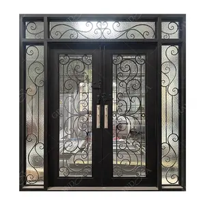 Puerta de entrada doble de hierro forjado grande frontal de entrada asegurada de vidrio templado doble australiano con luces deslizantes