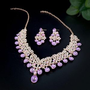 Lujo púrpura y blanco Cubic Zirconia collar grande pendientes italiano Dubai 18K chapado en oro conjunto de joyería nupcial para mujer boda - Product Image 3