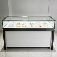 Vitrine de présentation de bijoux minimaliste en verre trempé, vue à 360°, comptoir modulaire, base à lattes blanche, cadre noir, LED, verrouillable, pour boutique