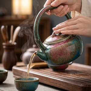 Tetera artesanal de gres con esmalte flambé artístico de horno Jun, asa estilo bambú, y efecto de cambio de color, para té <span class=keywords><strong>Kung</strong></span> <span class=keywords><strong>Fu</strong></span> - Product Image 5