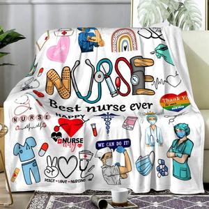 White Nurse Themed Medical Icons Flannel Blanket Throw Blanket Nap Blanket Super Soft Machine Washable for Travel Camping - Product Image 1
