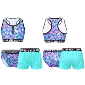 ชุดว่ายน้ำเด็กผู้หญิง 3 ชิ้น แบบ Racerback ซิปหน้า ลายเชฟรอน ลายไทได ลายดอกไม้ ลายพราง กางเกงขาสั้น แห้งเร็ว สำหรับเด็ก แบบสั่งทำ - Product Image 2