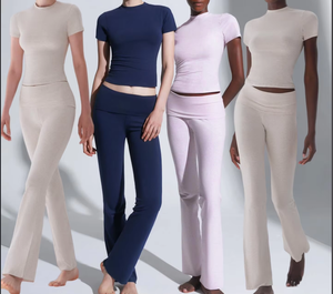 Biểu Tượng Tùy Chỉnh Chất Lượng Cao Crew Cổ Ngắn Tay Áo Áo Thun Và Xà Cạp loe Sweatsuits Dây Thắt Lưng Micro Sườn Yoga 2 Mảnh Thiết Lập Phụ Nữ - Product Image 1