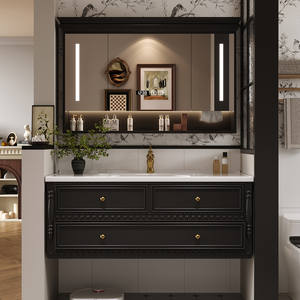 Black retro bathroom cabinet with solid wood drawers for storing household bathroom washbasins - Product Image 3