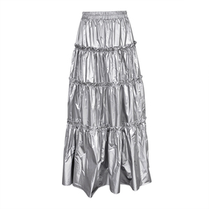 PU Layered <strong>Silver</strong> Latest Design Woman <strong>Skirt</strong> Ruffle Pleated Fashion High Waist 2023 Ladies Leather Maxi Long Women's <strong>Skirts</strong> - Product Image 4