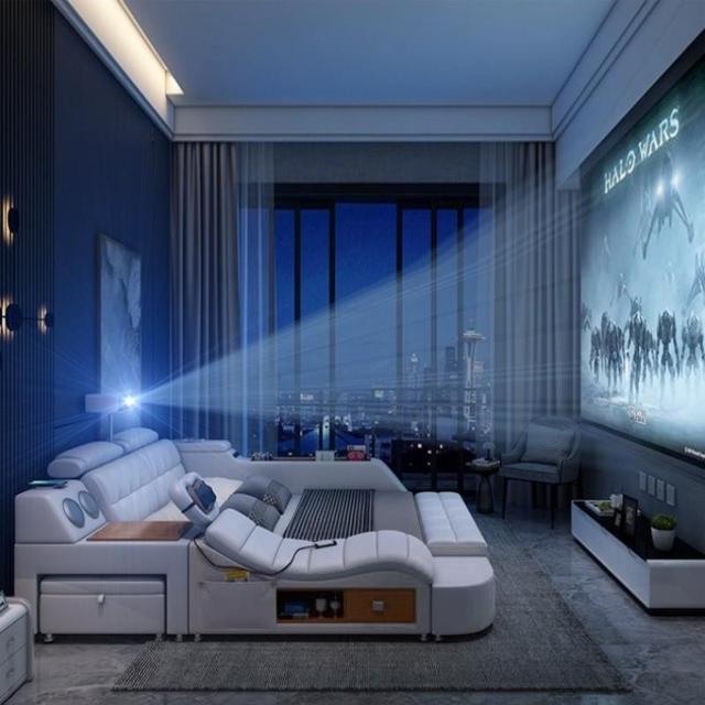 Luxury Multifunctional Queen Double Leather Bed Home Bedroom Furniture Modern Wooden King Size Smart Bed With Tv Projector
