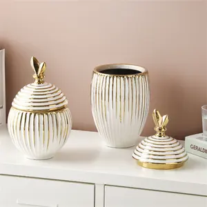 Nordic Table Decoration Geometry Design Gold And White Handmade Floral Home Decor Ornaments Ceramic Jar