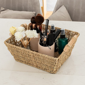 Seagrass Woven <b>Storage</b> <b>Basket</b> <b>Square</b> With Wooden Handles For Living Room Organization - Product Image 4