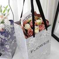 Sacs cadeaux en papier fleuri vintage avec poignées en ruban noir, emballage de bouquet de luxe, sac fourre-tout pour fleuriste