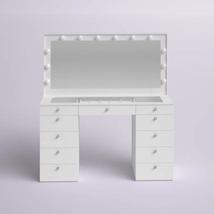 <span class=keywords><strong>Commode</strong></span> <span class=keywords><strong>contemporaine</strong></span> à tiroirs avec miroir éclairé, dessus en verre blanc et panneau de bois, table de courtoisie moderne pour le maquillage - Product Image 4
