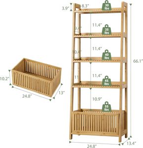 Estantería de Bambú con 5 Estantes de Exhibición y 1 Cesta de Almacenamiento Abierta, Organizador Multifuncional Moderno y No Plegable - Product Image 2