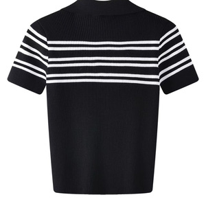 Polo en tricot rayé pour femme, manches courtes, noir et blanc, respirant, coupe ajustée, haut décontracté - Product Image 3
