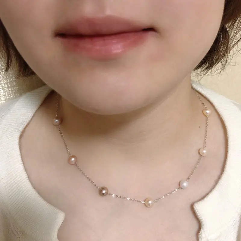 wholesale natural tin cup pearl necklace, multi color freshwater pearls with 925 silver chain, adjustable length chain