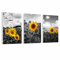 Seni Dinding Bunga Matahari Hitam Putih Triptych Cetakan Kanvas Warna Selektif Fotografi Alam Bunga Kuning Dekorasi Modern