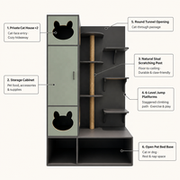Grand meuble multi-animaux 200 cm, double niche pour chats, poteau en sisal, 6 plateformes, rangement, lit pour chien et chat en contreplaqué