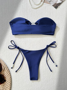 Ensemble bikini bandeau sans bretelles pour femme, orné de perles, avec anneau en O et liens latéraux, deux pièces en Spandex/Nylon – Vente en gros - Product Image 6