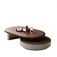 Ensemble de tables basses ovales rotatives en noyer de luxe moderne, tables d'appoint pivotantes en cuir pour salon