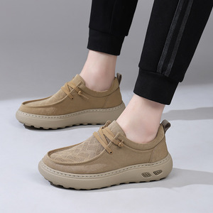 Chaussures de skate respirantes perforées kaki pour l'été, style bas, souples, antidérapantes, à semelle surélevée, faciles à enfiler, pour le quotidien et les loisirs - Product Image 2