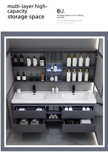 Mobile <span class=keywords><strong>Bagno</strong></span> Moderno con Doppio Lavabo, Specchio LED a Parete, Armadietto Impermeabile in Compensato Certificato CE - Product Image 3