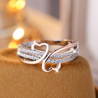Bagues de fiançailles en laiton plaqué or rose avec zircon blanc, double cœur, créées en laboratoire, pour femmes, bijoux de mariage Blaike