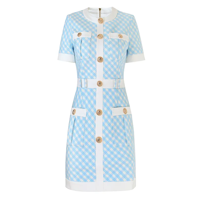 2021 New Summer Customized Fabric Buttons Pockets Light Blue Plaid Pattern Tweed Sheath Dress for Women