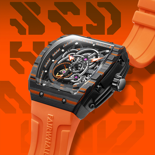 Custom Logo FashioSports Men Watch 3ATM Waterproof Carbon Fiber Watch case Automatic Mechanical Watch FW-6660