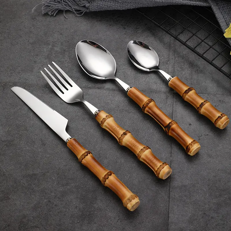 Bamboo handle tableware Western food steak knife and fork cake dessert spoon stainless steel knife and fork spoon tableware set