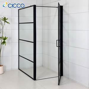 Porte de douche sur pied moderne personnalisée Cadre rectangulaire noir Lignes noires Verre trempé Pliable Style ouvert pour salle de bain - Product Image 3