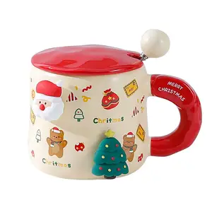 Factory Directly Ceramic Beautiful Christmas 420ml Coffee Mugs with Gift Box Provide Christmas Mug with Lid and Spoon
