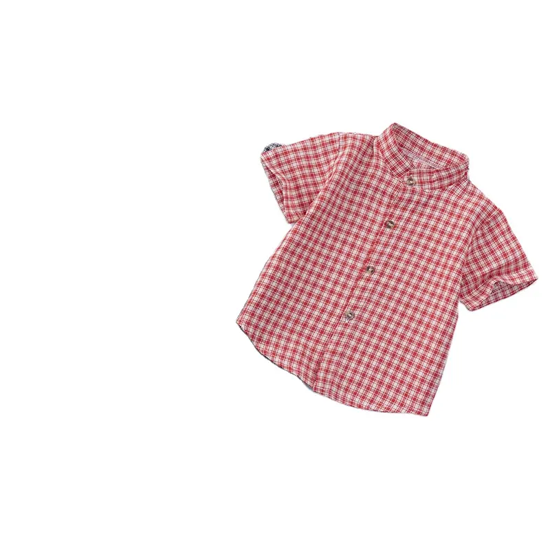 男の子ファッションチェック柄スタンドカラーシャツとサスペンダーパンツキッズウェアのためのホット販売カジュアルスタイル夏の子供服セット