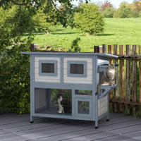 Maison pour chat de luxe moderne en bois de sapin pour extérieur, 2 niveaux, résistante aux intempéries, avec balcon en grillage métallique, abri de jardin de haute qualité