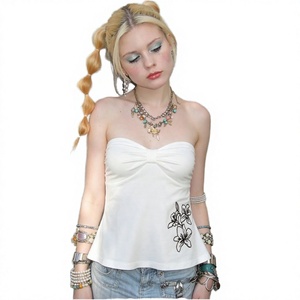 Embroidered Floral Knitted Short Sweet Tube <b>Top</b> Women Babydoll Ruffle Hem Bandeau <b>Crop</b> Printed Ruched Bust Sleeveless Summer - Product Image 2