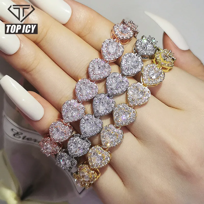 Top Icy Hip Hop Jewelry Heart Diamond Multicolor Tennis Bracelet Brass 18K Gold Plated CZ Round Diamond Bangle for Lady