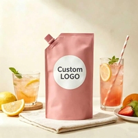 Pochettes souples roses mates avec bec verseur, qualité alimentaire, zone personnalisable pour logo, emballages liquides en gros pour lait, jus, sauces, lotions, détergents