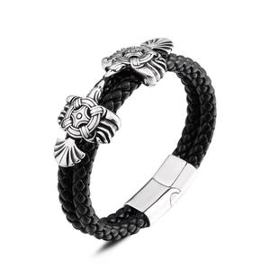 Wholesale Stainless Steel Viking Thor's Hammer Double Layer Braided Cuff Bracelet Black Leather Buckle Fashion Charm Bracelets - Product Image 5