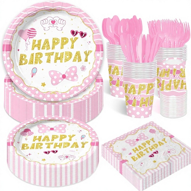Pink Mouse Party Supplies Cartoon Mouse Party Tableware Paper Plates and Napkins Tableware Set for Girls Birthday Party Supplies
