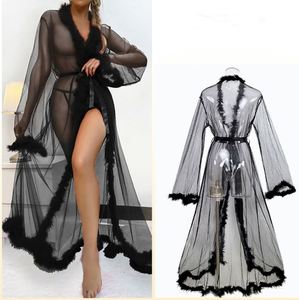 Bata Larga de Malla Sexy con Borde Peludo, Pijama Transparente de Satén con Cintura Elástica, Secado Rápido para Verano - Product Image 2