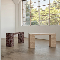 Meubles KUMUSI, table console en marbre travertin beige naturel pour salon, tables consoles de luxe
