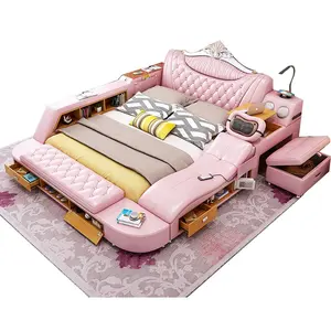 China foshan multifunctional modern tatami leather bed with mattress general use bedroom furniture wedding bed king queen double